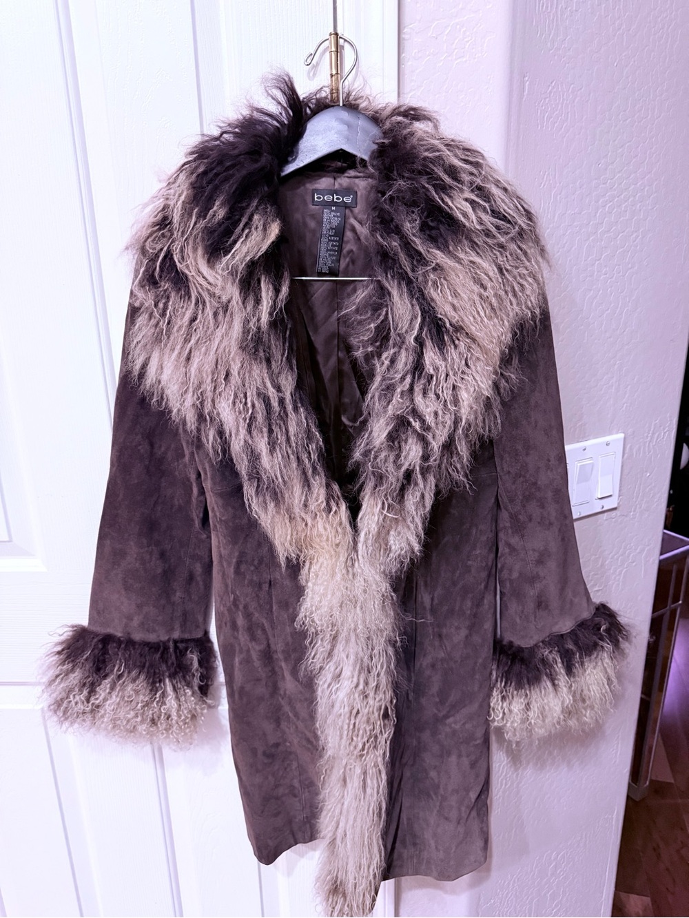 bebe Brown Suede Trench Coat with Plush Fur Trim